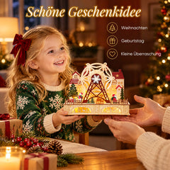 Salcar LED Weihnachtsdorf aus Holz mit Riesenrad – 27,5 cm, 12 LEDs, Batteriebetrieben, Rot & Weiß