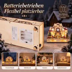 Salcar LED Weihnachtsdorf aus Holz mit Riesenrad – 27,5 cm, 12 LEDs, Batteriebetrieben, Rot & Weiß