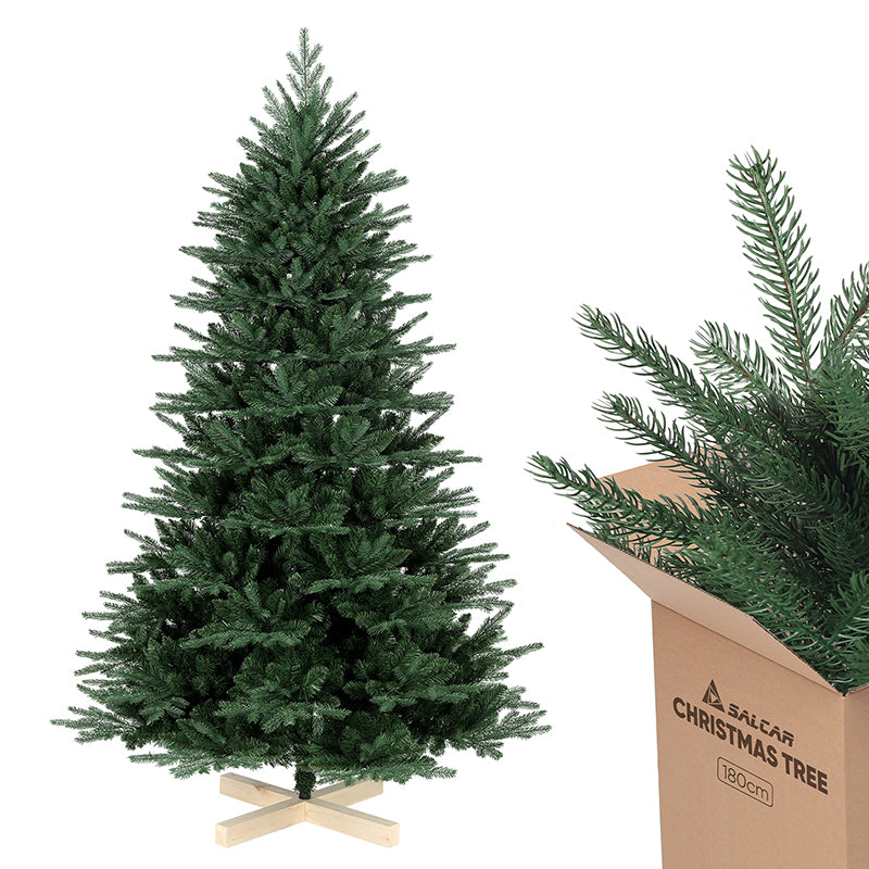 Salcar 120 /150 /180 /210cm Künstlicher Weihnachtsbaum mit Holzständer, Nordmanntanne, mit 725 /980 /1290 /1525 PE-Zweigen und 203 /544 /722 /993 PVC-Zweigen