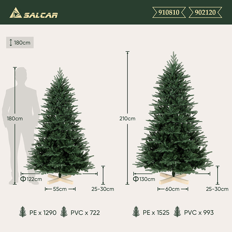 Salcar 120 /150 /180 /210cm Künstlicher Weihnachtsbaum mit Holzständer, Nordmanntanne, mit 725 /980 /1290 /1525 PE-Zweigen und 203 /544 /722 /993 PVC-Zweigen