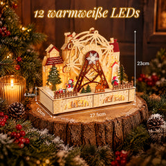 Salcar LED Weihnachtsdorf aus Holz mit Riesenrad – 27,5 cm, 12 LEDs, Batteriebetrieben, Rot & Weiß