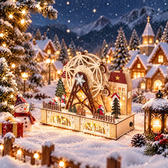 Salcar LED Weihnachtsdorf aus Holz mit Riesenrad – 27,5 cm, 12 LEDs, Batteriebetrieben, Rot & Weiß