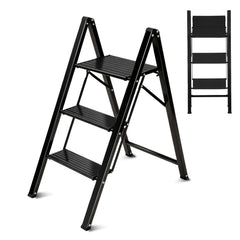 Sekey Klapptrittleiter 2 & 3 Stufen – Rutschfeste Trittleiter mit Stahlrahmen & Aluminiumstufen, TÜV & SGS geprüft, bis 150 kg, Schwarz