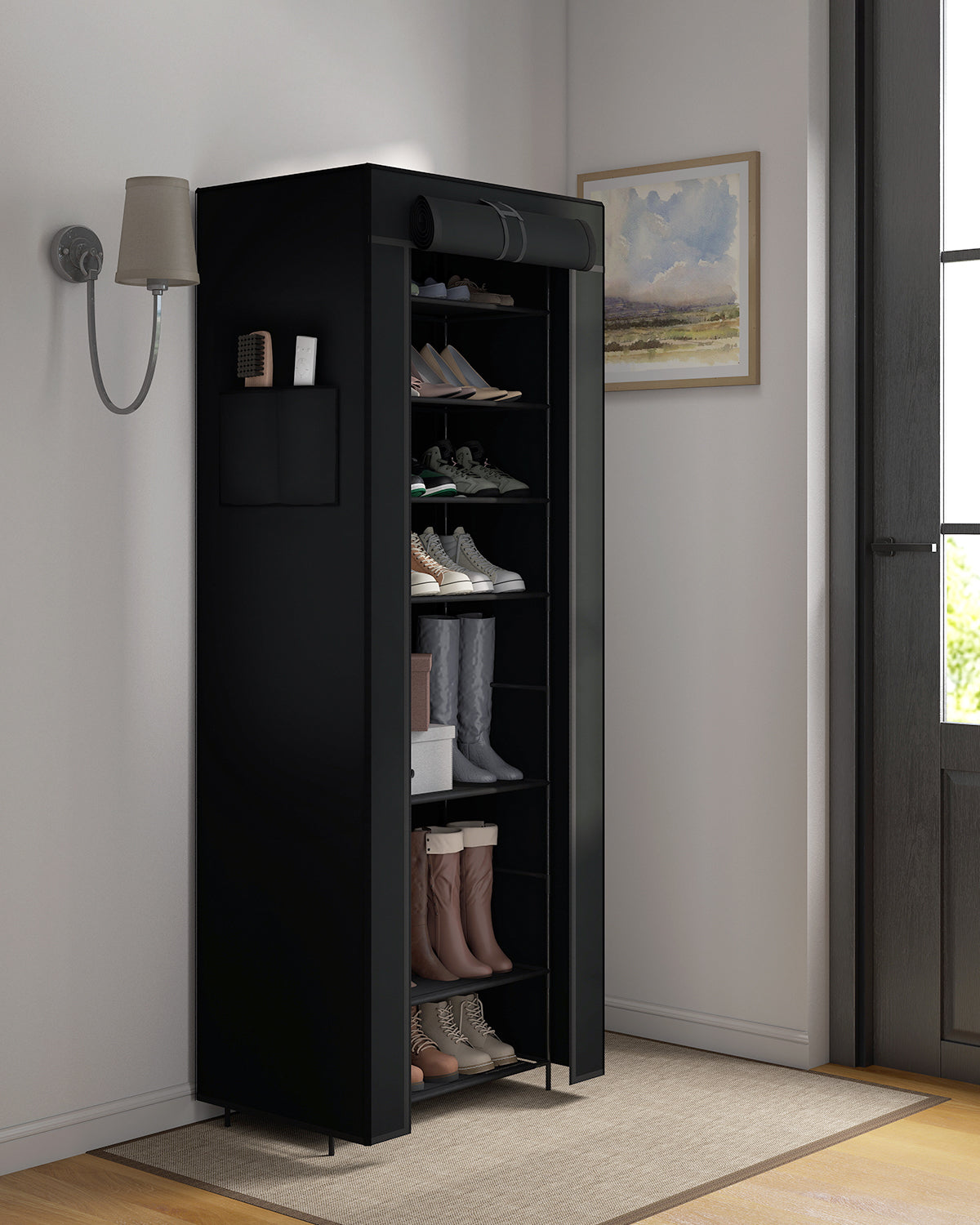 Sekey Schuhschrank mit 9 Ebenen – Multifunktionales Schuhregal mit Staubschutz, 2 Größen wählbar (58 oder 85 cm Breite), anpassbare Ablagen, einfache Montage, Schwarz