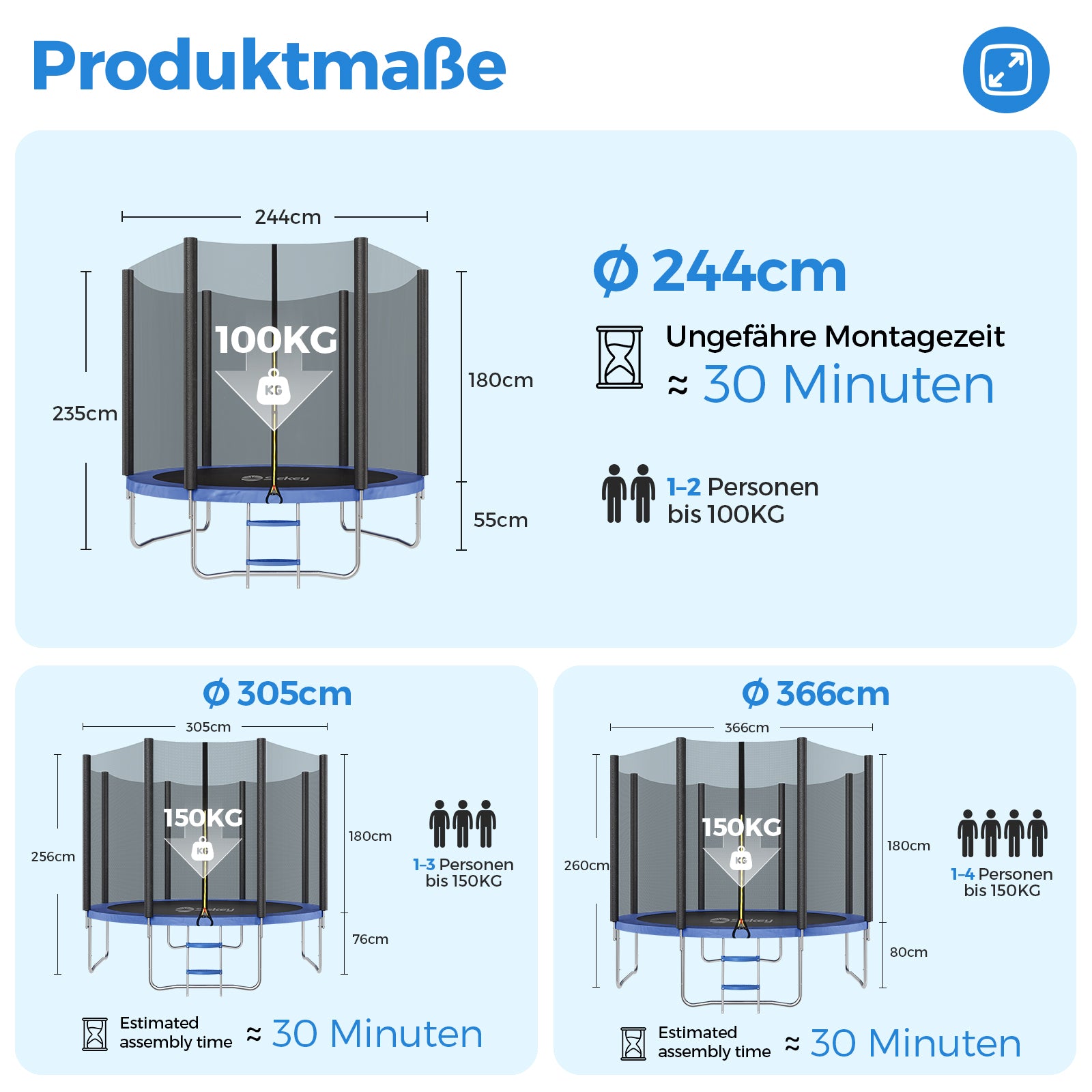 Sekey Trampolin Ø 244 cm für Garten – TÜV/GS-zertifiziertes Outdoor Trampolin mit Sicherheitsnetz, W-Beinen & Leiter – Wetterfest & stabil für Kinder ab 3 Jahren