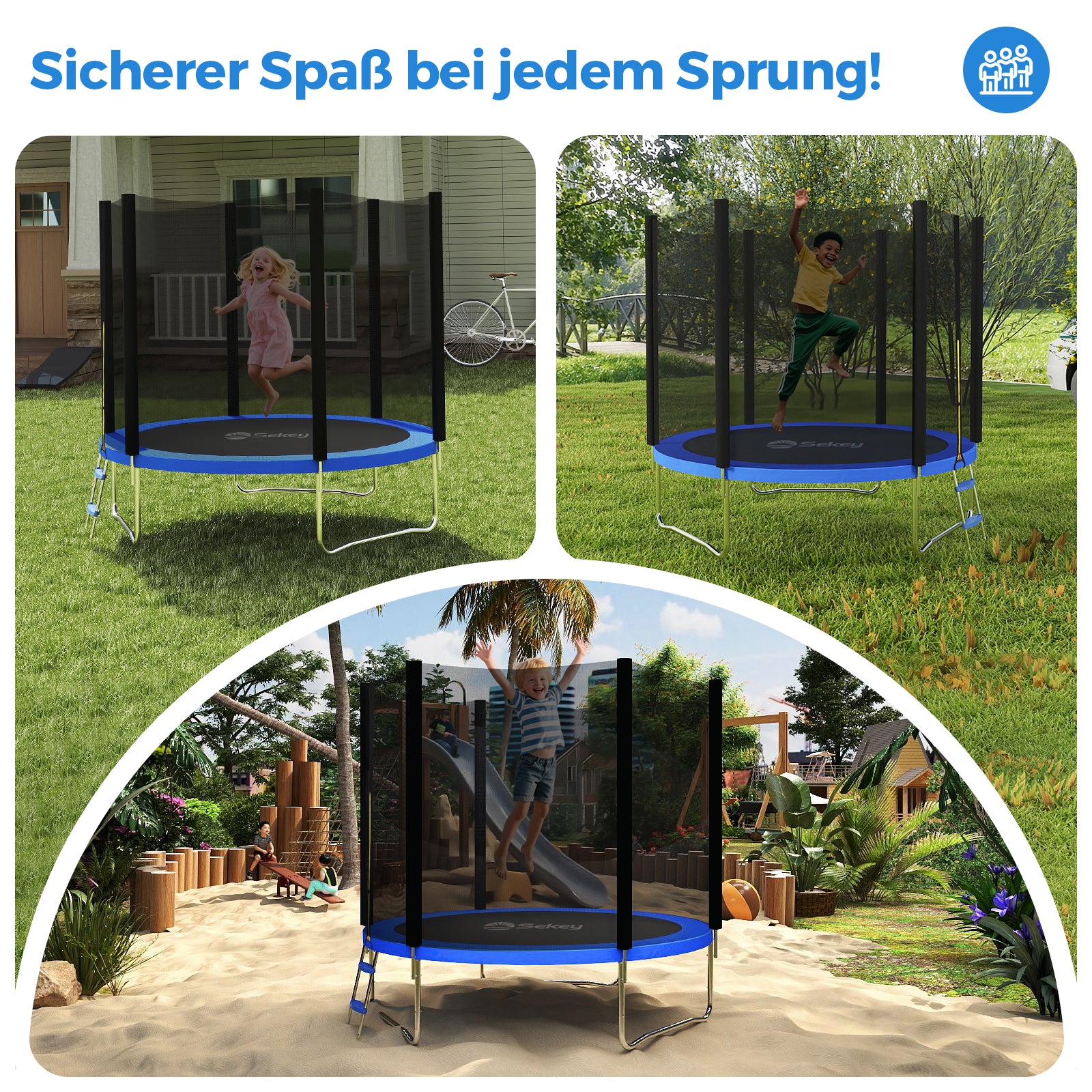 Sekey Trampolin Ø 244 cm für Garten – TÜV/GS-zertifiziertes Outdoor Trampolin mit Sicherheitsnetz, W-Beinen & Leiter – Wetterfest & stabil für Kinder ab 3 Jahren