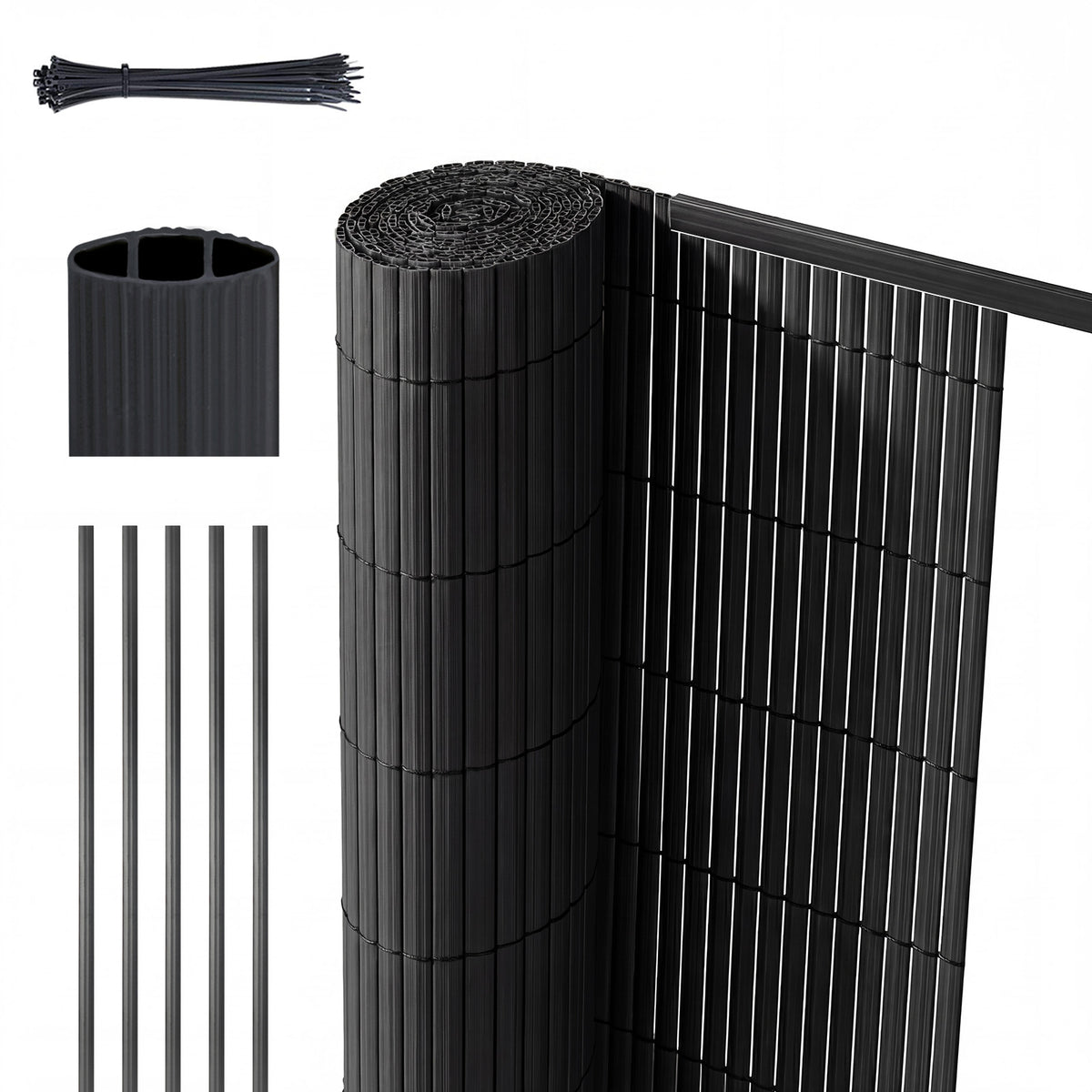 Sekey PVC Sichtschutzmatte – Balkon Sichtschutz mit Abdeckprofil & Kabelbindern, Wind- und Wetterschutz für Balkon und Garten, Anthrazit