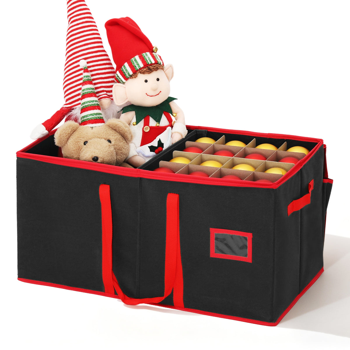 Salcar Schwarze Aufbewahrungsbox für 128 Weihnachtskugeln – Faltbare Christbaumkugel-Box 64,8×32,3×34,2 cm mit 128 Fächern, Tragegriffen & Doppelreißverschluss
