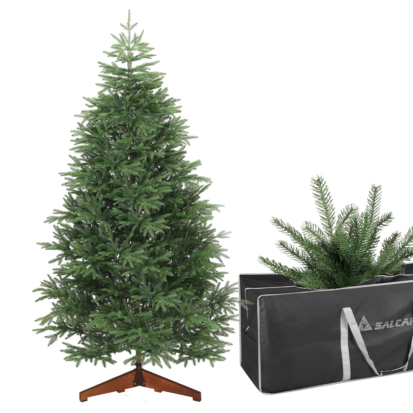 SALCAR Premium Künstlicher Weihnachtsbaum aus 100 % PE Spritzguss – Realistischer Fichtenbaum mit naturgetreuem Stamm, stabilem Holzständer und Aufbewahrungsbeutel – 180 cm / 210 cm