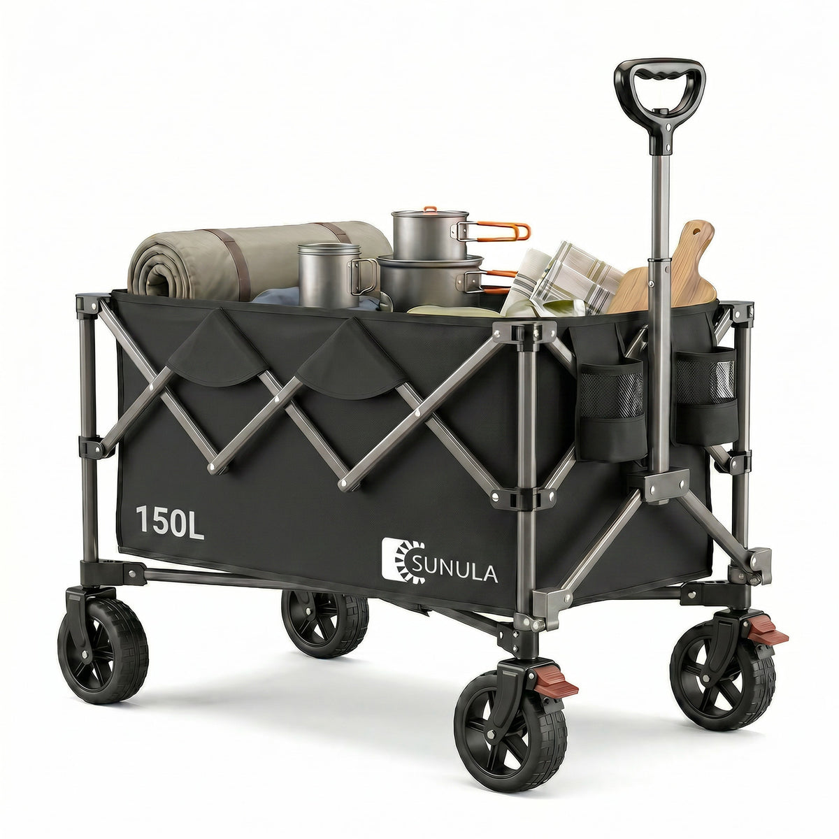 Sunula Faltbarer Bollerwagen 120 kg – 150L Handwagen mit Geländerädern, Bremsen & Einhandgriff, 3024