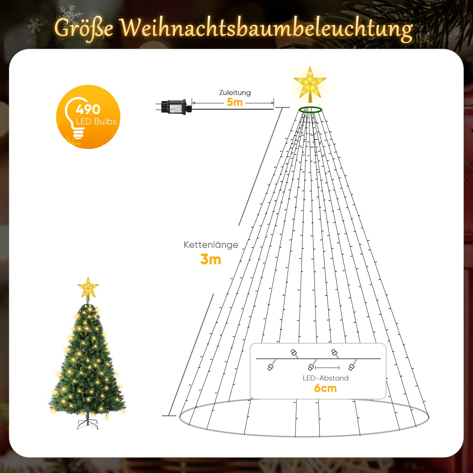 SALCAR Weihnachtsbaum Lichterkette mit Sternspitze & Fernbedienung – 1,5 m (260 LED), 2 m (430 LED) oder 3 m (500 LED) Überwurf Lichterkette, Warmweiß, 8 Modi, Timer, Innen & Außen