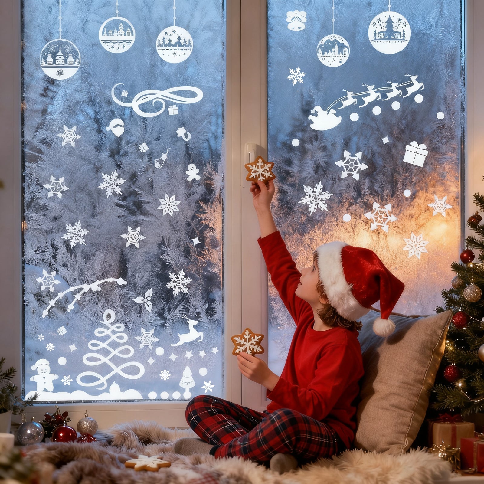 Salcar Fensterbilder Weihnachten – Wiederverwendbare Fensterdeko Weiß, Selbstklebend ohne Kleber, Beidseitig Sichtbar mit Schneeflocken, Häusern & Schneemann Salcar