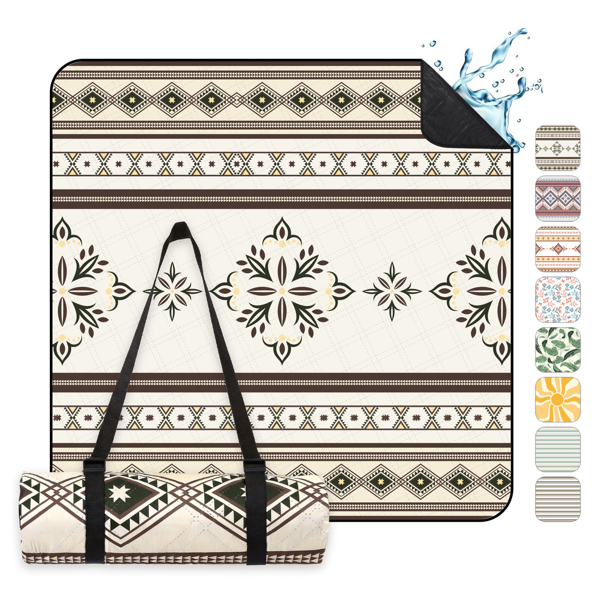 Sekey Picknickdecke Wasserdicht 200x200 cm – Sandfreie Stranddecke im Retro Bohemian Beige Design, PEVA-Unterseite & Tragegurt für Picknick, Camping und Strand