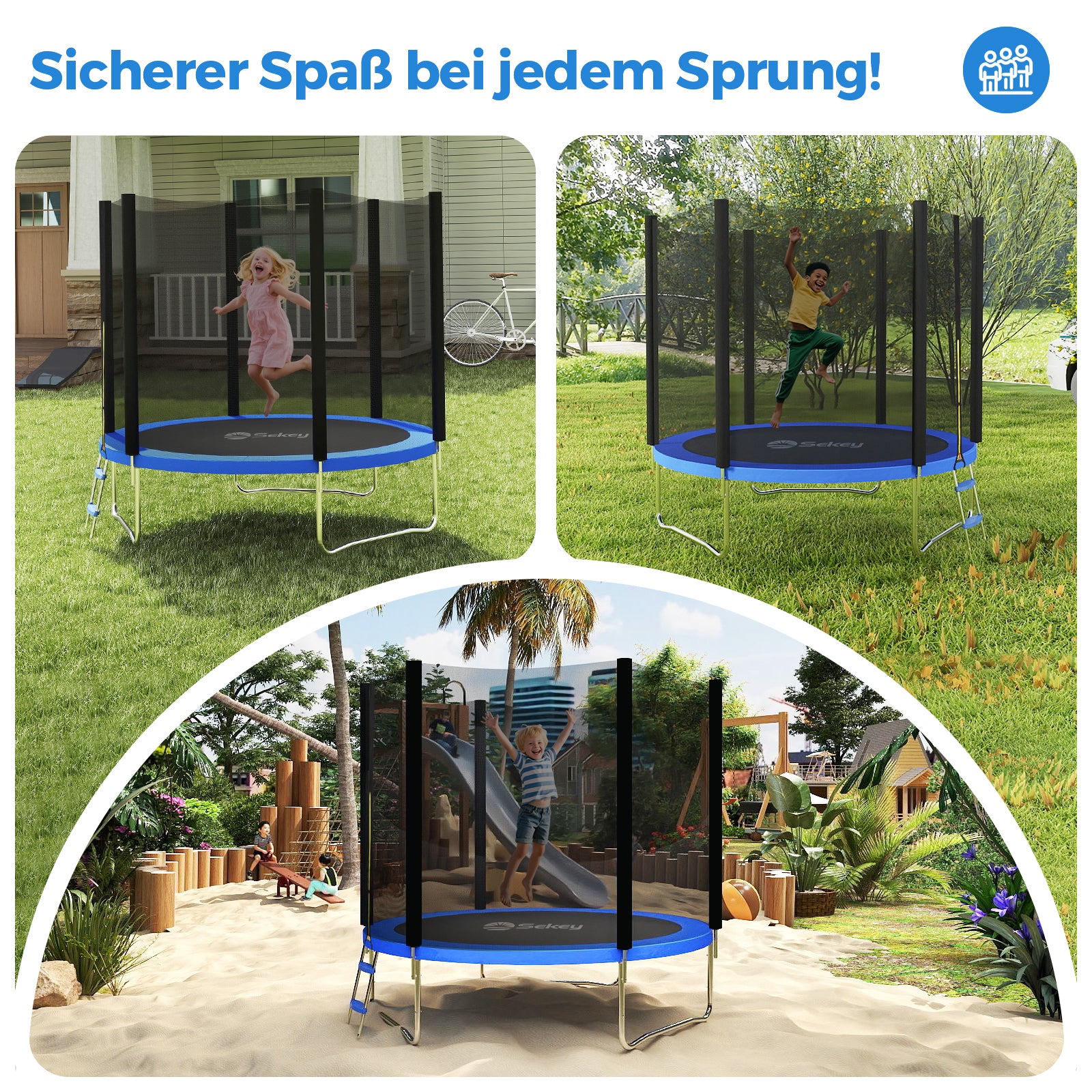 Sekey Trampolin Ø 244 cm für Garten – TÜV/GS-zertifiziertes Outdoor Trampolin mit Sicherheitsnetz, W-Beinen & Leiter – Wetterfest & stabil für Kinder ab 3 Jahren