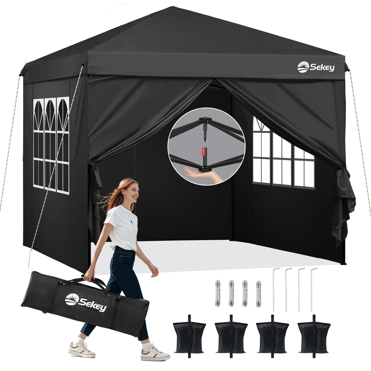 Sekey Premium Pop-Up Pavillon 3×3 m – Wasserdicht & Stabil, Faltpavillon mit Seitenwänden, Höhenverstellbar 250–270 cm
