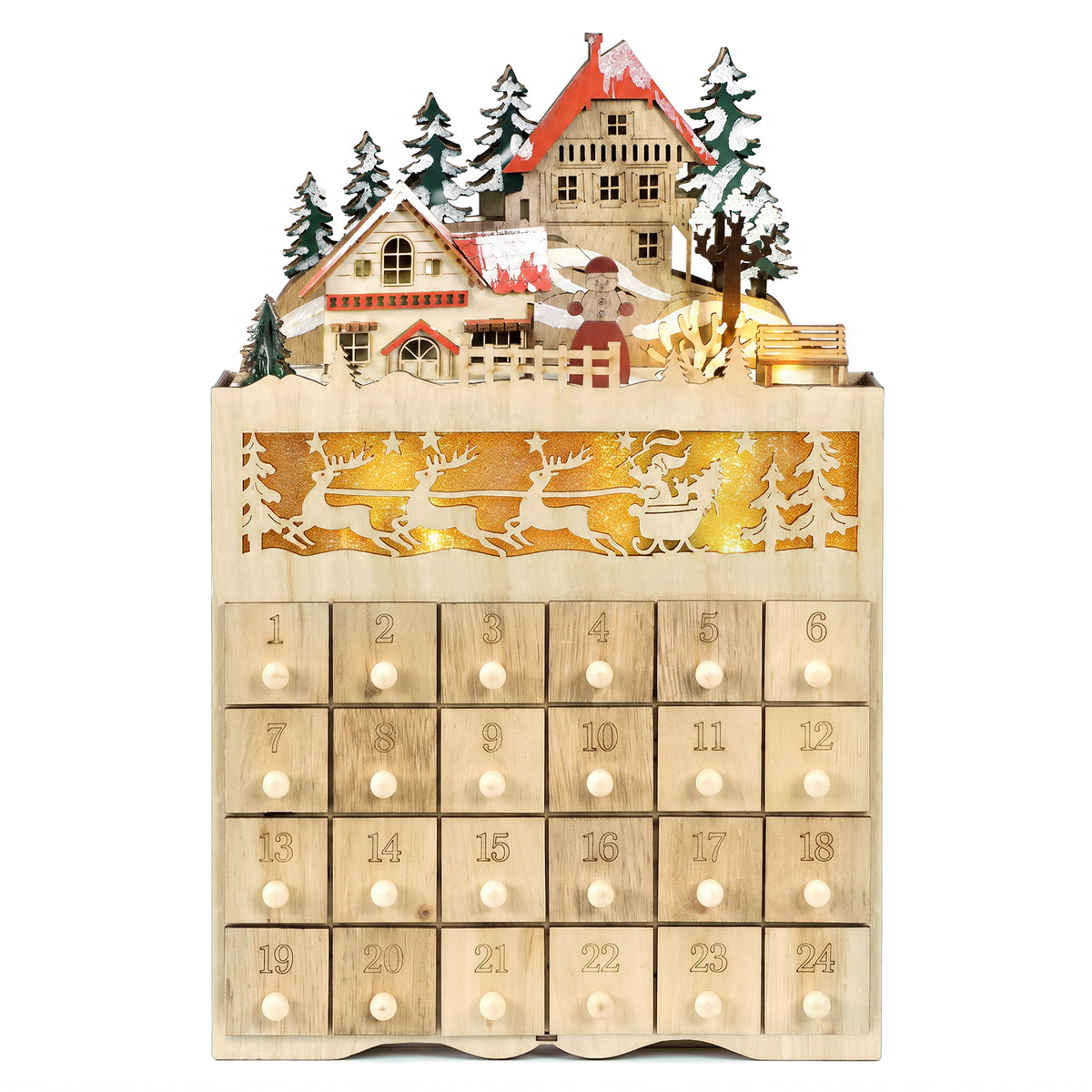 Salcar LED Weihnachtsdorf Adventskalender aus Holz – 24 Fächer zum Befüllen