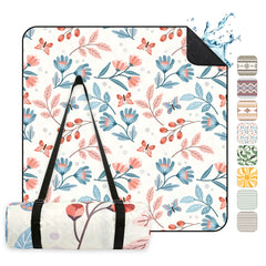 Sekey Picknickdecke Wasserdicht 200x200 cm – Sandfreie Stranddecke mit Schmetterlings- & Blumenmuster, blaue Blätter & rosa Blumen, PEVA-Unterseite & Tragegurt für Picknick, Camping und Strand