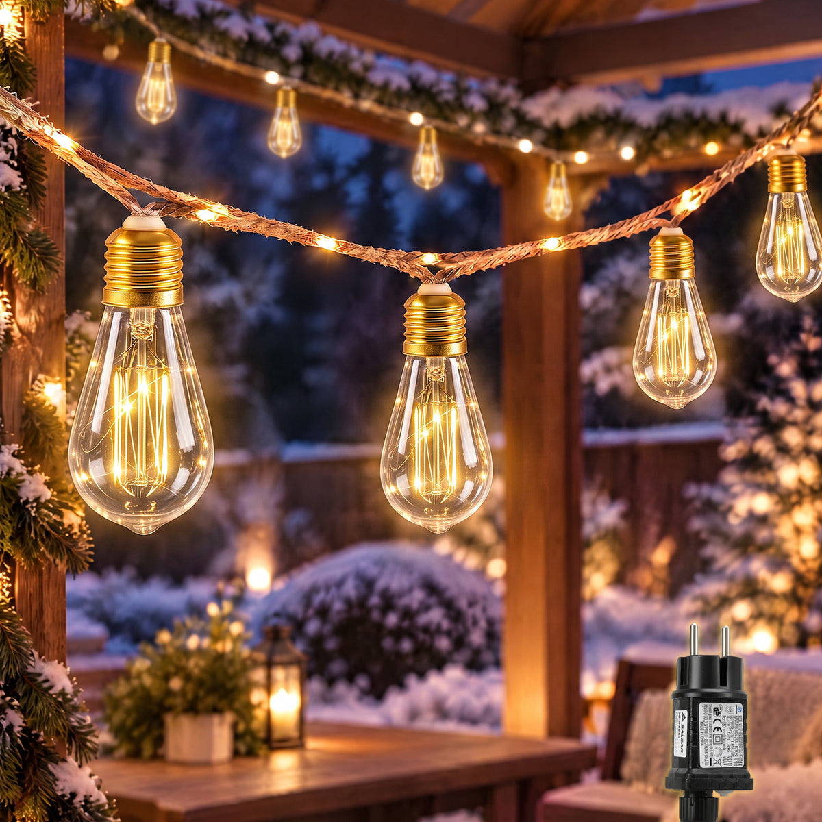 Salcar Lichterkette Outdoor mit Hanfseil – 10 Glühbirnen, 149 LEDs, 5 m, Warmweiß, 8 Modi