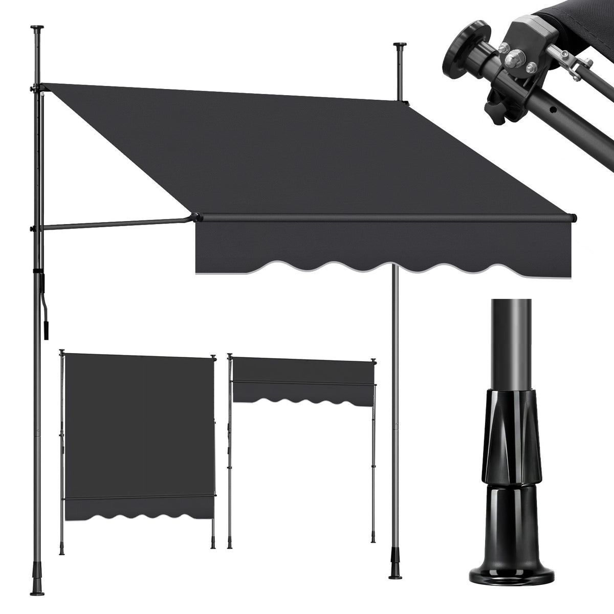 Sekey Klemmmarkise ohne Bohren in 150–350 cm Breite, 130 cm Ausfall, 0–90° verstellbar, wasserdicht & UV-Schutz (UPF 50+), Balkon Markise mit Handkurbel für Balkon, Terrasse & Garten, Anthrazit