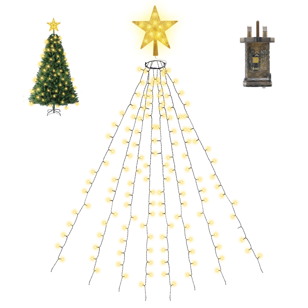 SALCAR 3m LED Weihnachtsbaum-Lichterkette mit 10 Girlanden, Sternspitze & 360 LEDs – 8 Modi, Warmweiß, Sicher & Energiesparend