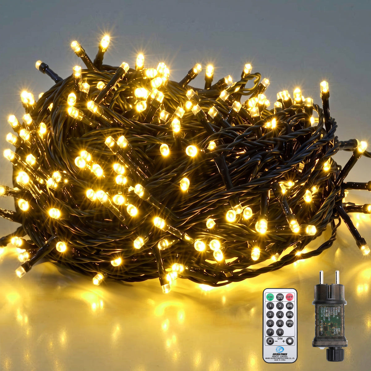 Salcar LED Lichterkette 23 m mit 360 LEDs, Gelb, Fernbedienung, 8 Lichtmodi, 4-stufig dimmbar, 3 Timer, Memory, IP44, 31V für Innen & Außen