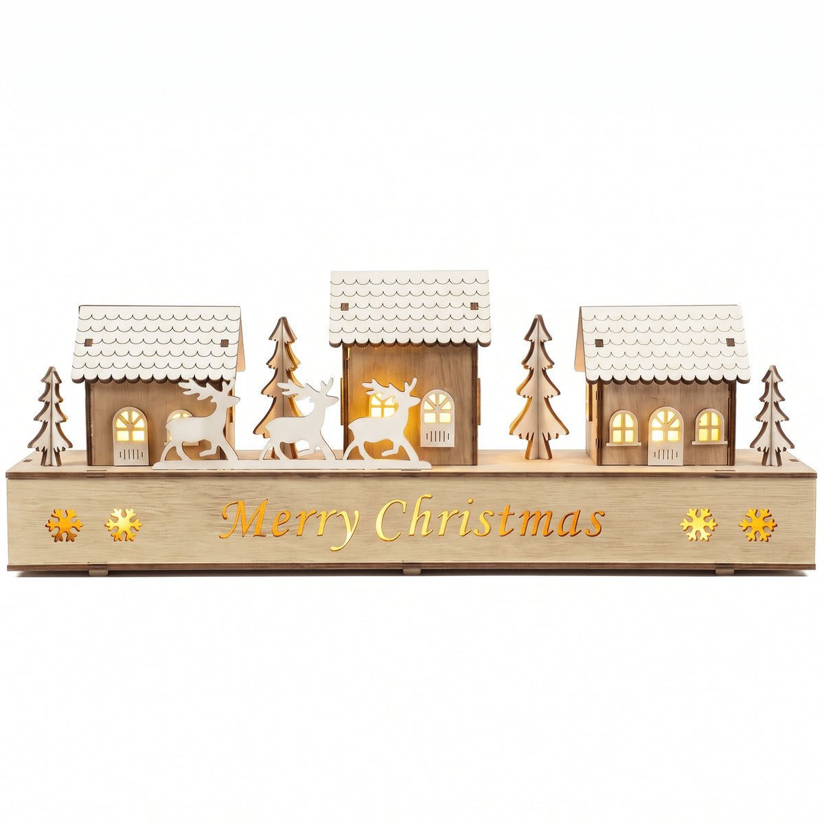 Salcar LED Schwibbogen aus Holz – 43 cm 3D Weihnachtsdorf, 8 LEDs, Batteriebetrieben, Naturholzoptik