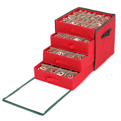 Salcar Aufbewahrungsbox für 64 Weihnachtskugeln – 4 Ebenen, Verstellbare Trennwände, Rote Faltbox 33×33×34 cm mit Sichtfenster