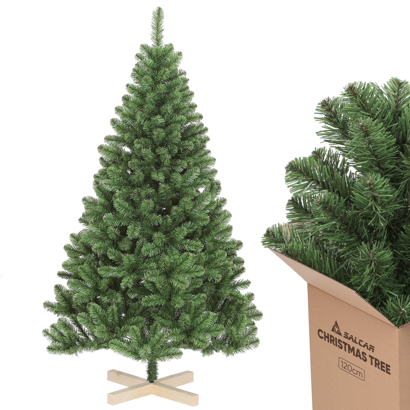 SALCAR Künstlicher Weihnachtsbaum 120/150/180/210 cm – Nordmanntanne-Optik mit Holzständer, Premium-Tannenbaum aus PVC mit runden Zweigspitzen