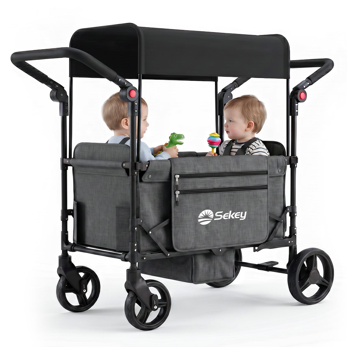 Sekey Bollerwagen faltbar mit Dach für 1–2 Kinder – Kinderwagen mit XXL-Rädern, 5-Punkt-Gurt & flexibler Sitz-/Liegefläche, bis 110 kg, Serie 9090