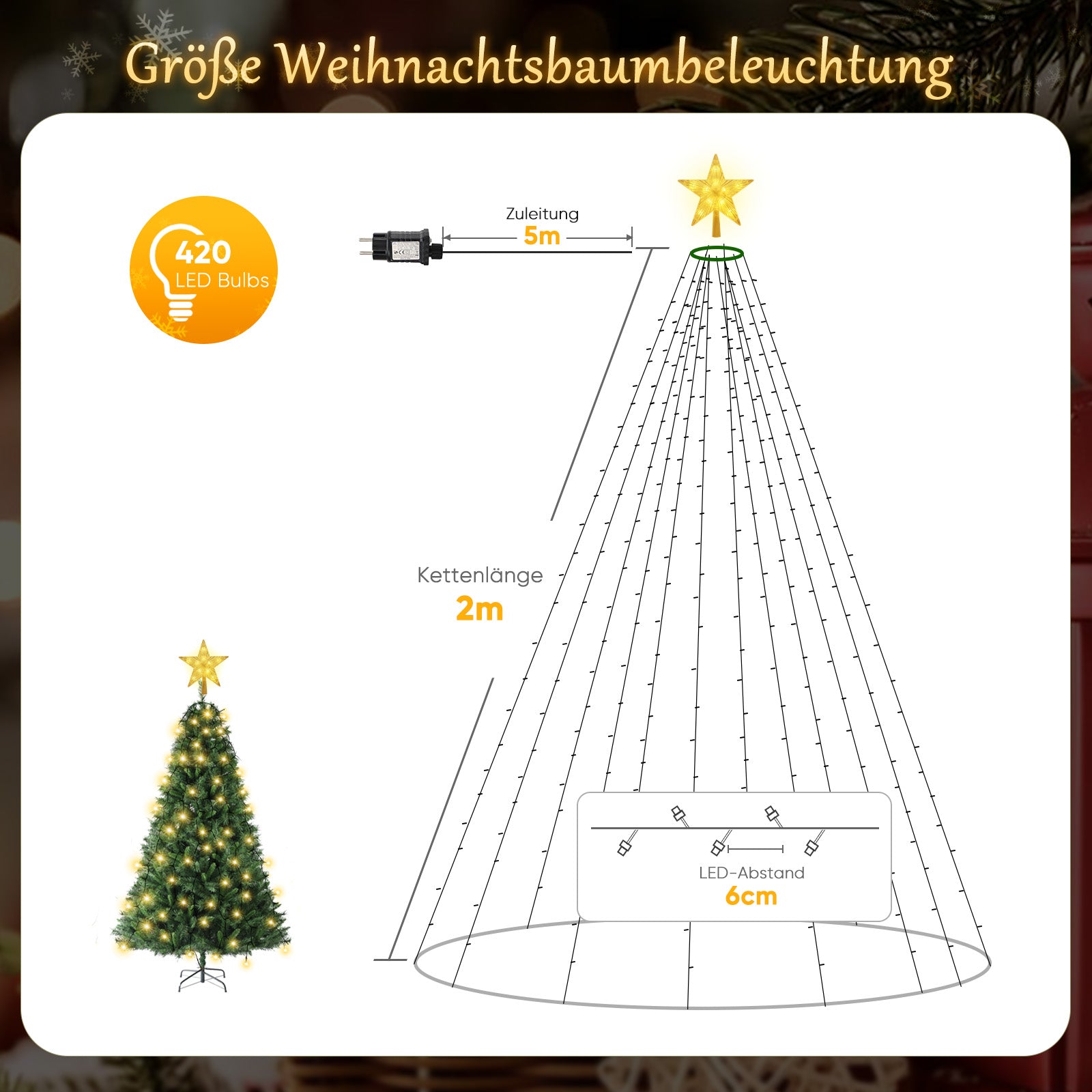 SALCAR Weihnachtsbaum Lichterkette mit Sternspitze & Fernbedienung – 1,5 m (260 LED), 2 m (430 LED) oder 3 m (500 LED) Überwurf Lichterkette, Warmweiß, 8 Modi, Timer, Innen & Außen