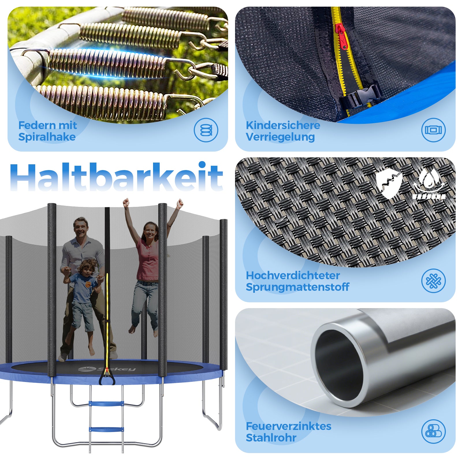 Sekey Trampolin Ø 366 cm für Garten – TÜV/GS-zertifiziertes Outdoor Trampolin mit Sicherheitsnetz, W-Beinen & Leiter – wetterfest & kindersicher, bis 150 kg belastbar