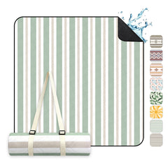 Sekey Picknickdecke Wasserdicht – Sandfreie Stranddecke mit Klassischem Streifenmuster in Hellgrün, Hellbraun & Weiß, PEVA-Unterseite & Tragegurt für Picknick, Camping und Strand
