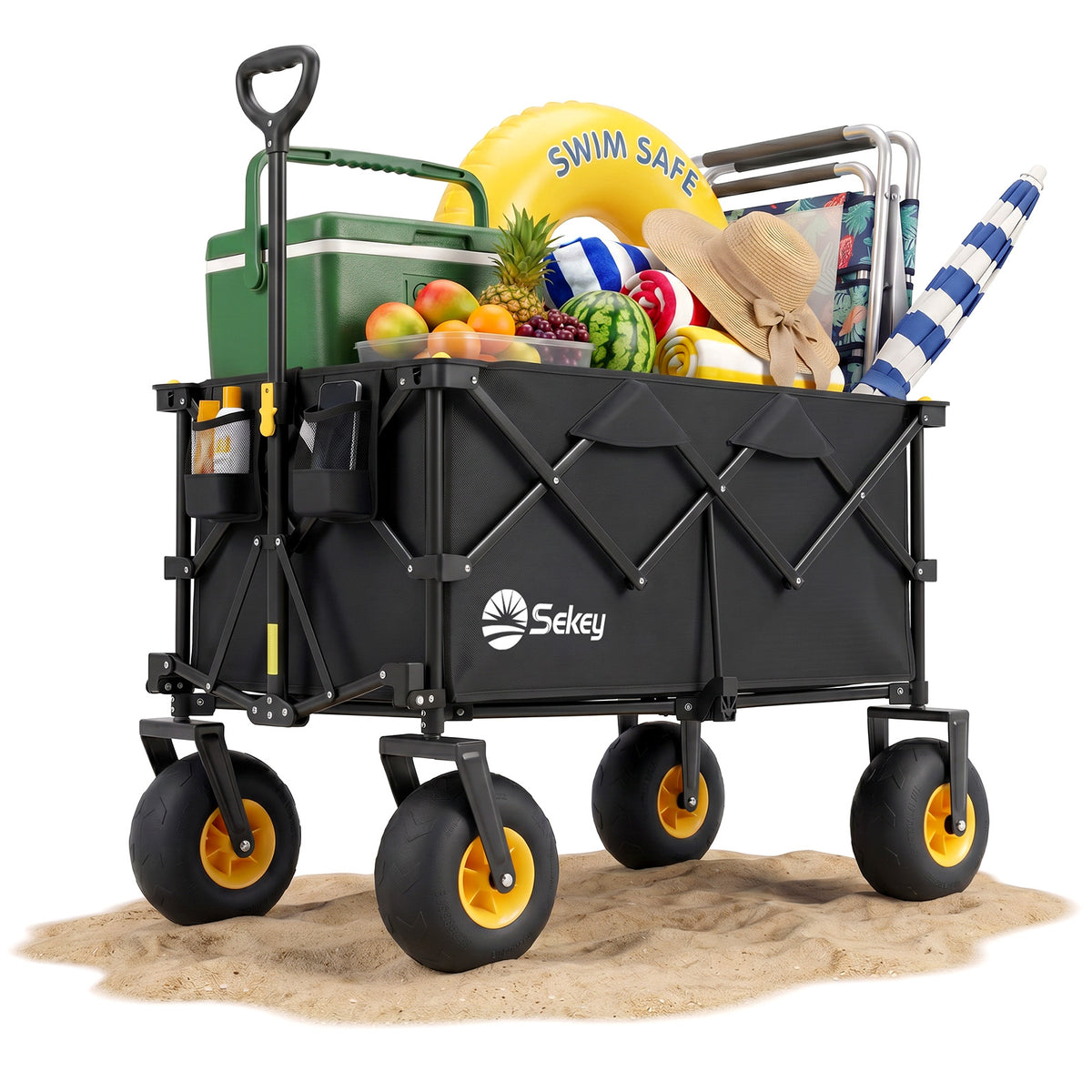 Sekey Bollerwagen faltbar mit Luftreifen 23×10 cm – Strand Bollerwagen klappbar bis 200 kg, 200L Transportwagen für Strand, Camping & Familie