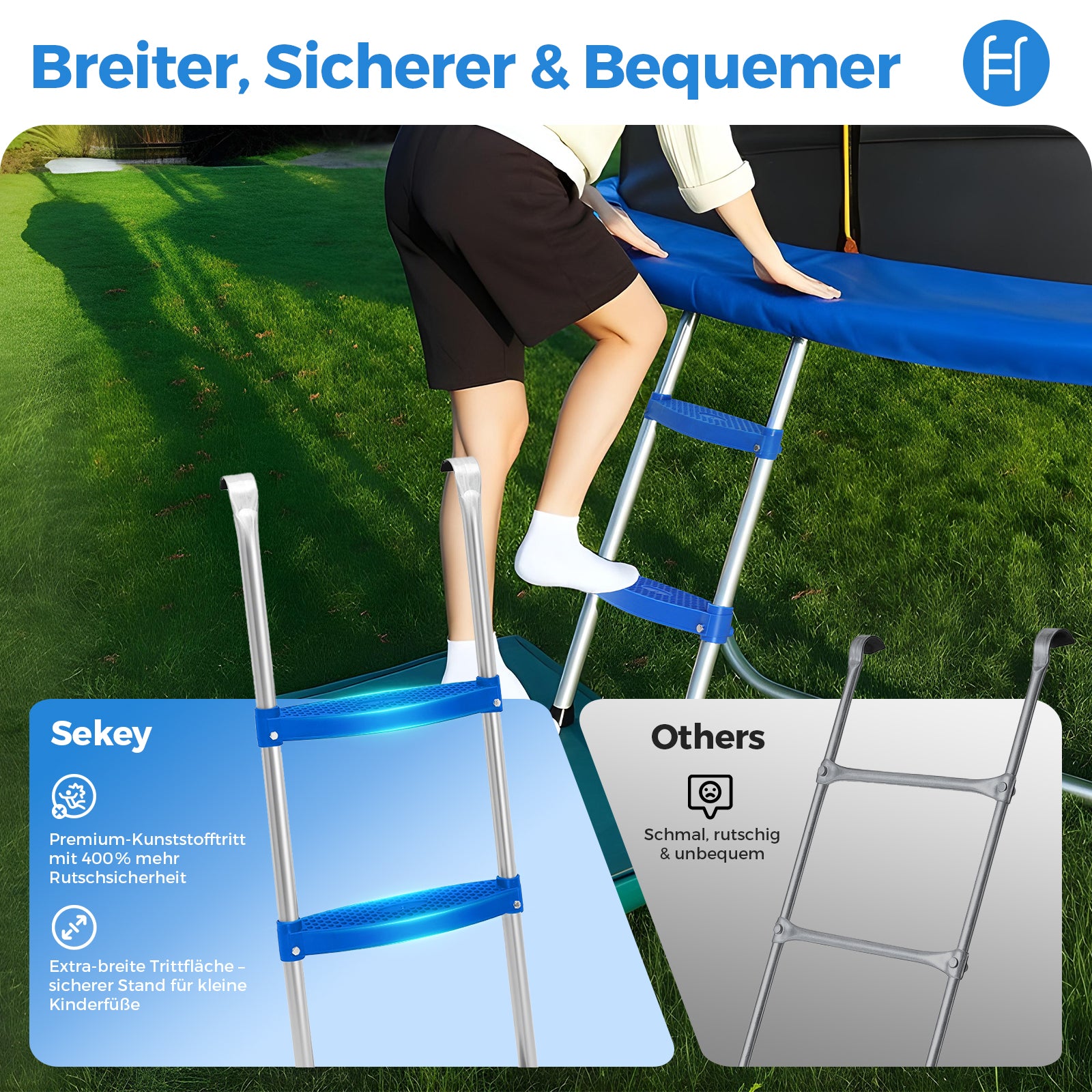 Sekey Trampolin Ø 244 cm für Garten – TÜV/GS-zertifiziertes Outdoor Trampolin mit Sicherheitsnetz, W-Beinen & Leiter – Wetterfest & stabil für Kinder ab 3 Jahren