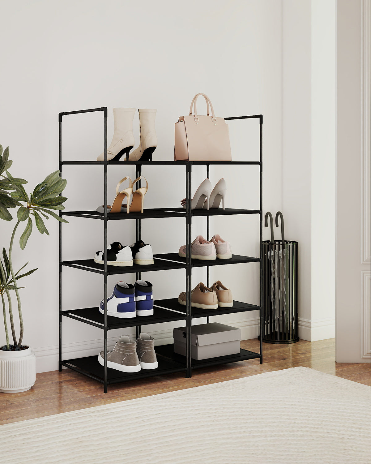 Sekey Schuhregal mit 10 Ebenen – Schmal, stabil & platzsparend, Metallgestell mit Vliesstoffablagen, ideal für Flur & kleine Räume