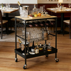 Sekey Serving Trolley with Wheels – Bar Trolley &amp; Kitchen Trolley with MDF Top, Wine Glass Holder, Hooks &amp; Drawer Basket, 360° Wheels, Handle, Rustproof – Black