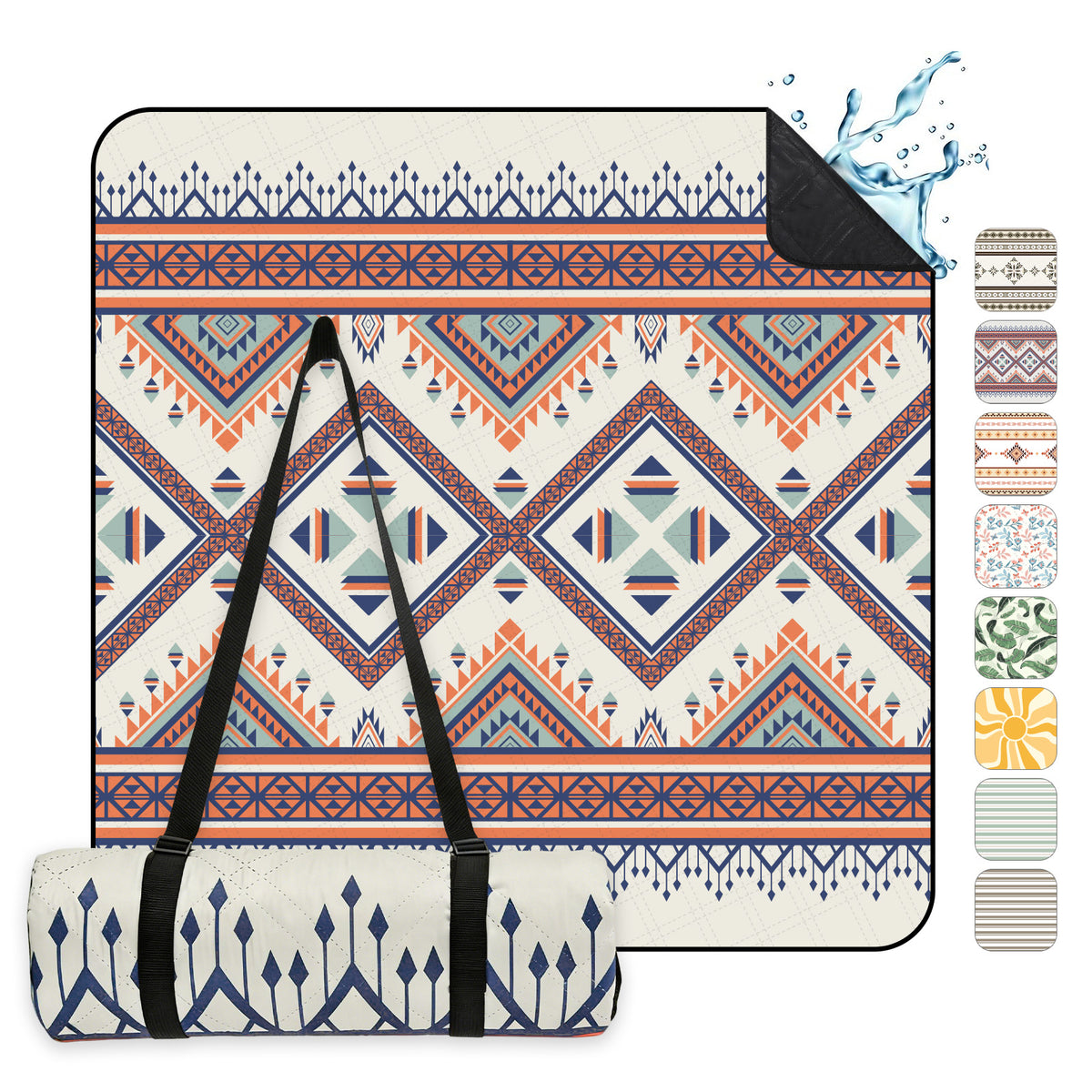 Sekey Picknickdecke Wasserdicht 200x200 cm – Sandfreie Stranddecke im Bunte Bohemian Design, PEVA-Unterseite & Tragegurt für Picknick, Camping und Strand