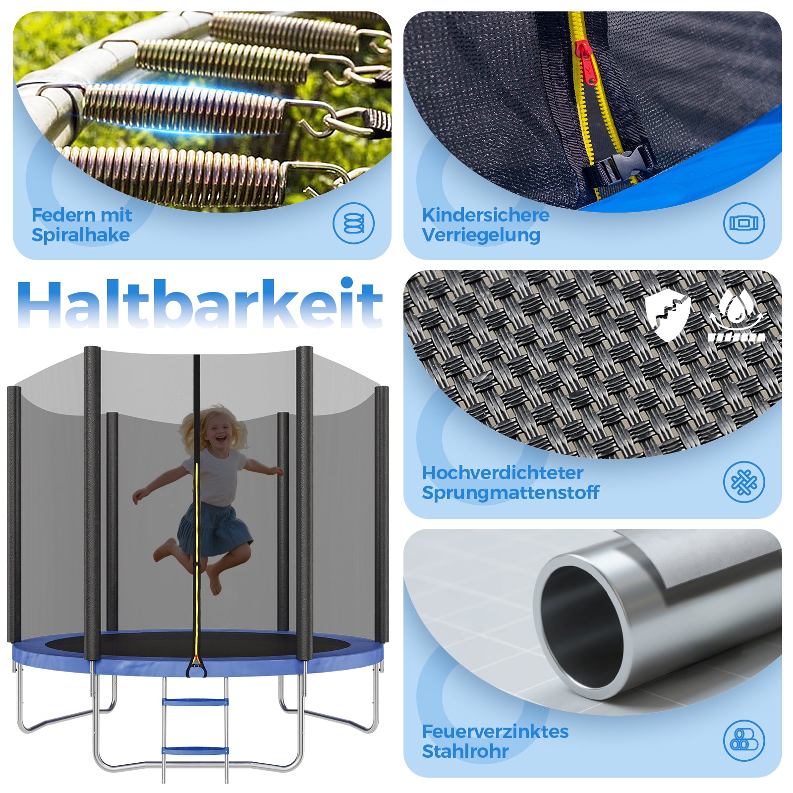 Sekey Trampolin Ø 244 cm für Garten – TÜV/GS-zertifiziertes Outdoor Trampolin mit Sicherheitsnetz, W-Beinen & Leiter – Wetterfest & stabil für Kinder ab 3 Jahren