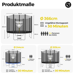 Sekey Trampolin Ø 366 cm für Garten – TÜV/GS-zertifiziertes Outdoor Trampolin mit Sicherheitsnetz, W-Beinen & Leiter – wetterfest & kindersicher, bis 150 kg belastbar