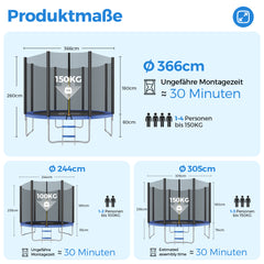 Sekey Trampolin Ø 366 cm für Garten – TÜV/GS-zertifiziertes Outdoor Trampolin mit Sicherheitsnetz, W-Beinen & Leiter – wetterfest & kindersicher, bis 150 kg belastbar