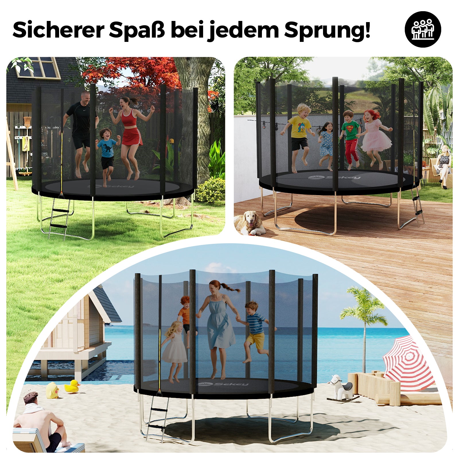 Sekey Trampolin Ø 366 cm für Garten – TÜV/GS-zertifiziertes Outdoor Trampolin mit Sicherheitsnetz, W-Beinen & Leiter – wetterfest & kindersicher, bis 150 kg belastbar