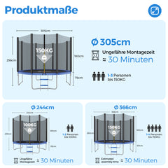 Sekey Trampolin Ø 305 cm für den Garten – TÜV/GS-zertifiziertes Outdoor Trampolin mit Sicherheitsnetz, W-Beinen & Leiter – bis 150 kg belastbar, wetterfest & kindersicher