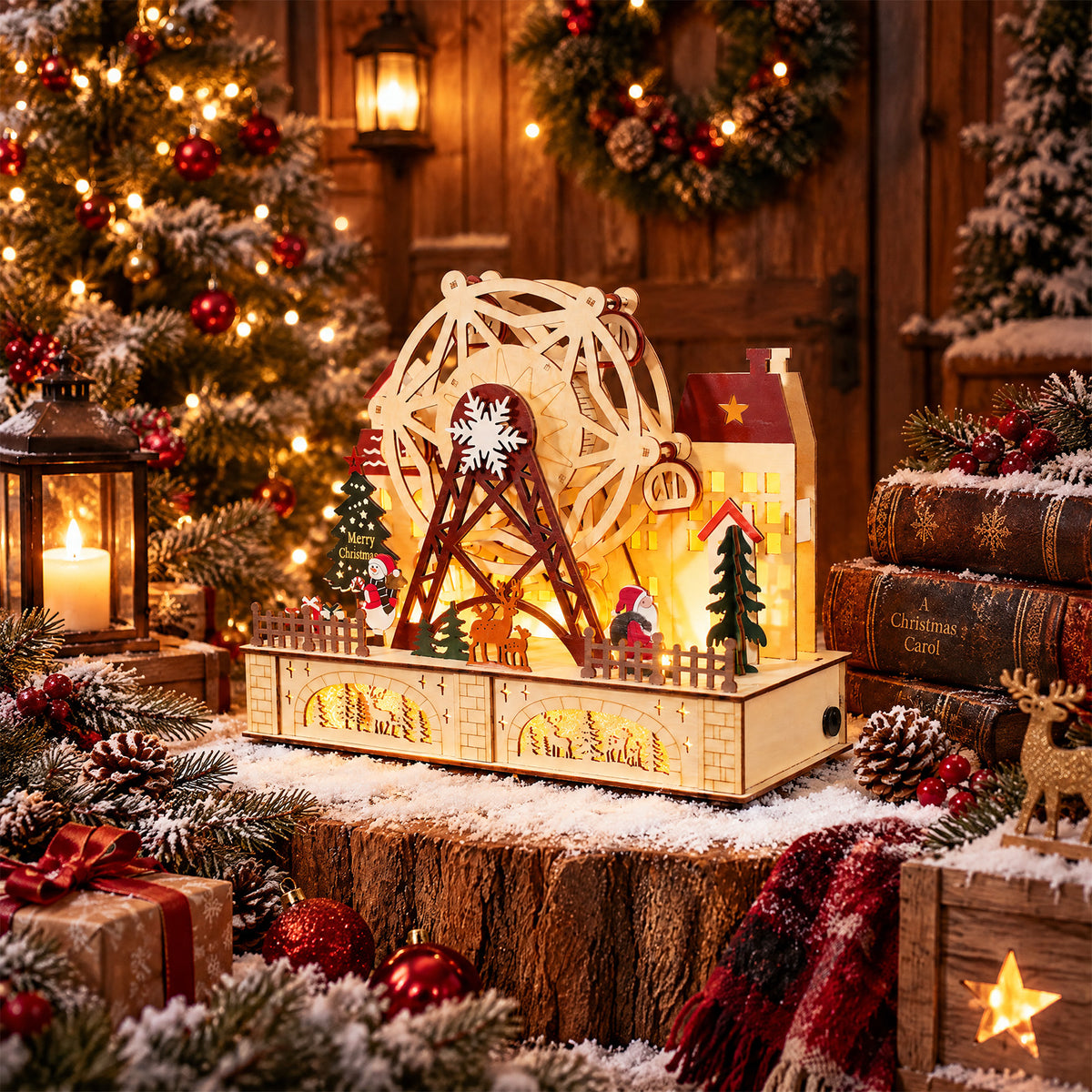 Salcar LED Weihnachtsdorf aus Holz mit Riesenrad – 27,5 cm, 12 LEDs, Batteriebetrieben, Rot & Weiß