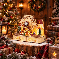 Salcar LED Weihnachtsdorf aus Holz mit Riesenrad – 27,5 cm, 12 LEDs, Batteriebetrieben, Rot & Weiß