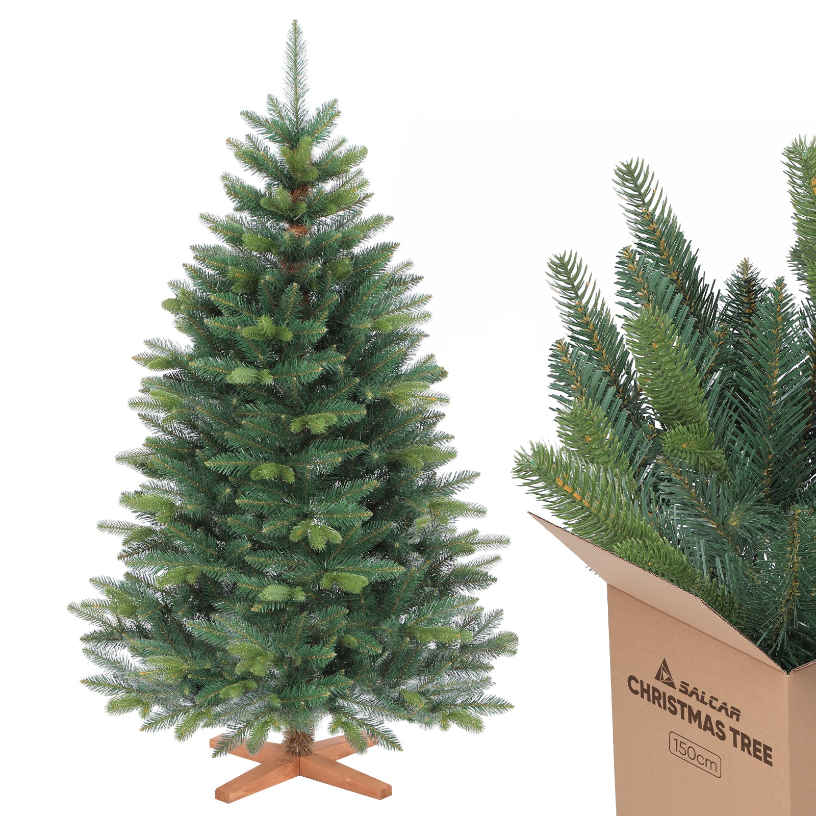 SALCAR Künstlicher Weihnachtsbaum mit Holzständer, Premium PE+PVC Tannenbaum, Realistische & Dichte Optik, Einfacher Aufbau für Innenräume