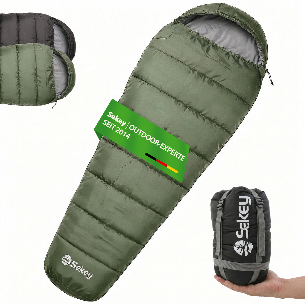 Sekey Mumienschlafsack Erwachsene – Ultraleichter Sommerschlafsack 0,9 kg / 1,7 kg, wasserabweisend & atmungsaktiv, mit Anti-Klemm-Reißverschluss, 220 × 80 × 50 cm, für Camping, Trekking & Reisen – Anthrazit / Grün