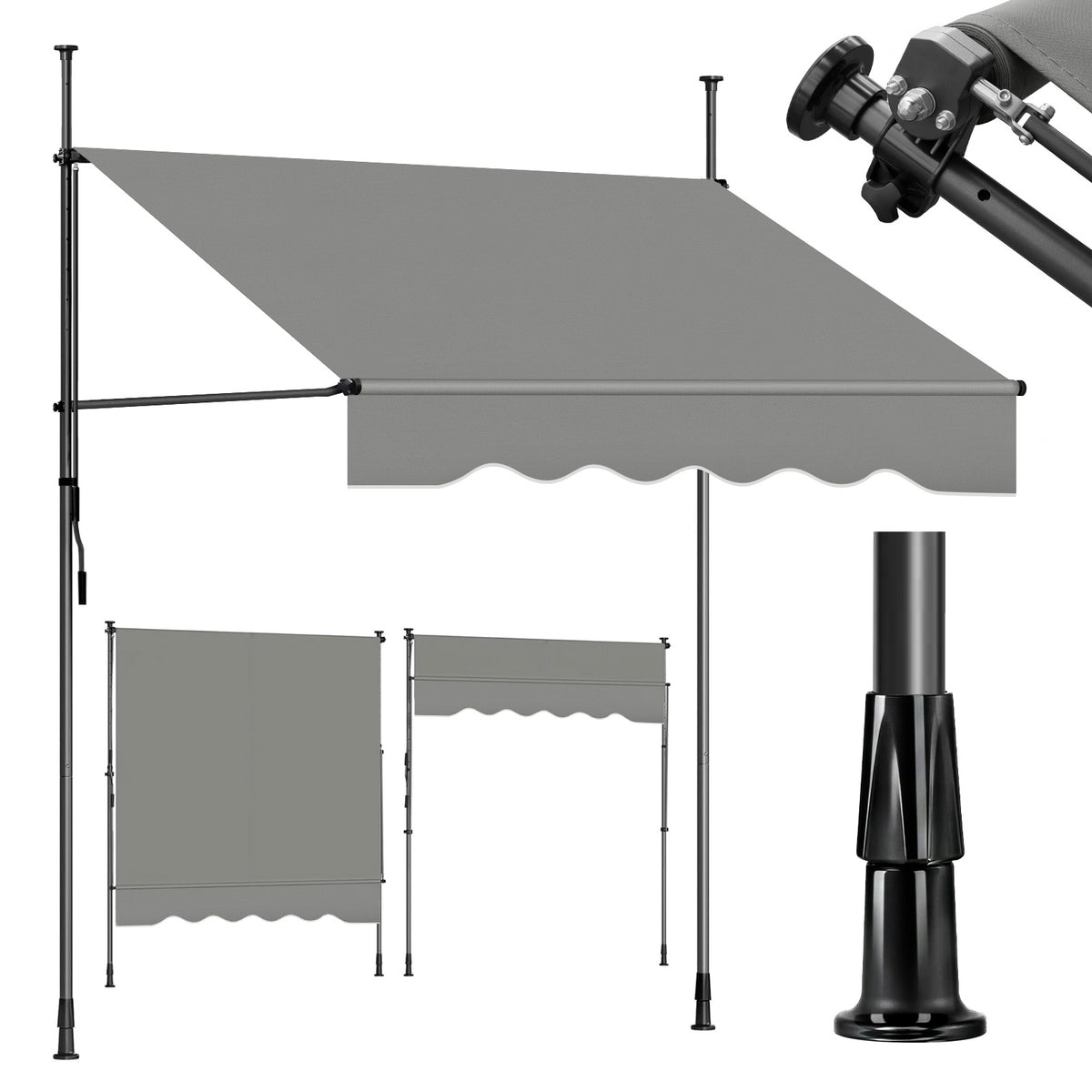Sekey Klemmmarkise ohne Bohren Grau (150–350 cm Breite), 130 cm Ausfall, 0–90° verstellbar, wasserdicht & UV-Schutz (UPF 50+), Balkon Markise mit Handkurbel für Balkon, Terrasse & Garten