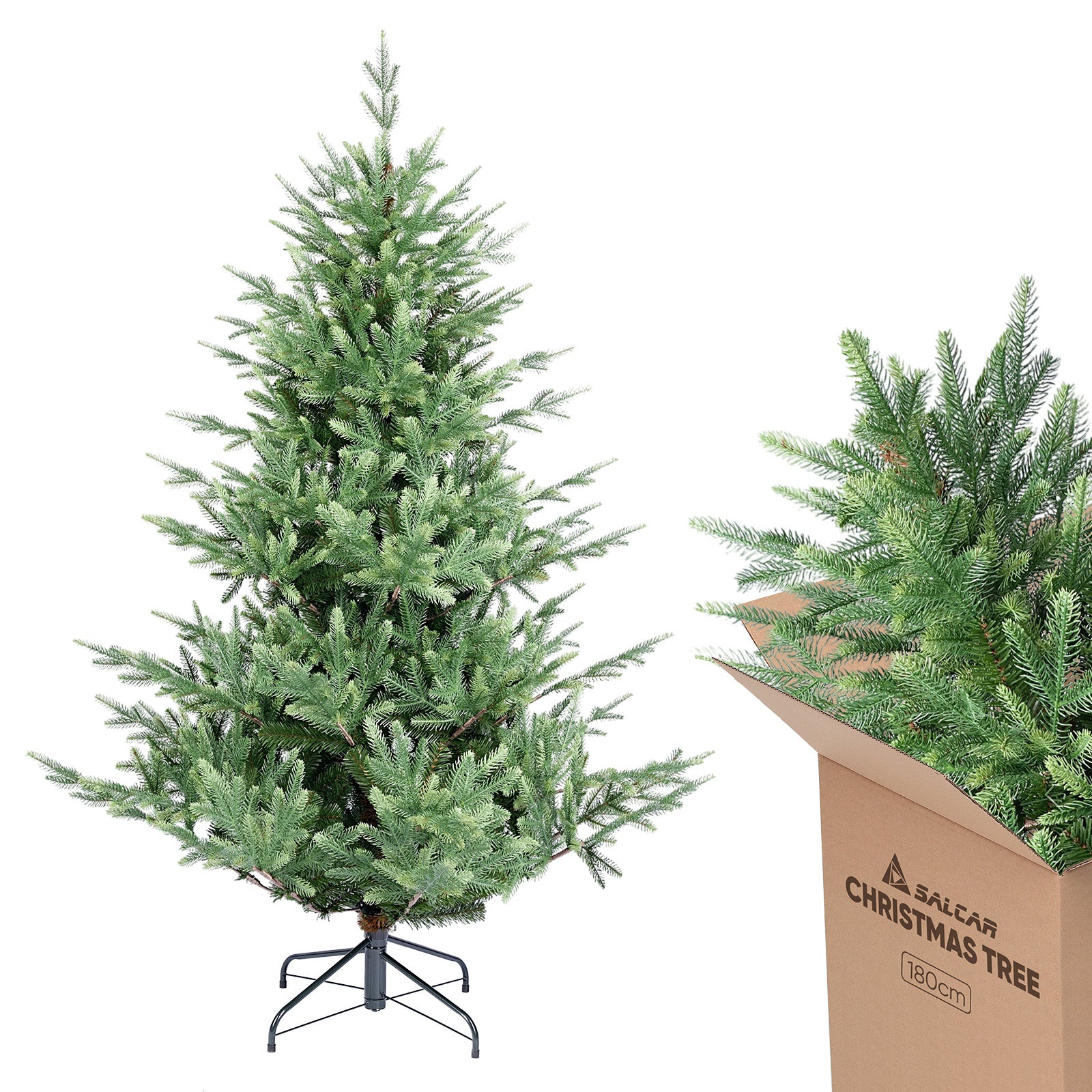 SALCAR Künstlicher Weihnachtsbaum 150/180/210 cm, 90 % PE Spritzguss Premium Tannenbaum, naturgetreuer Christbaum mit Metallständer & Handschuhen – Dicht, Klappbar & Wiederverwendbar