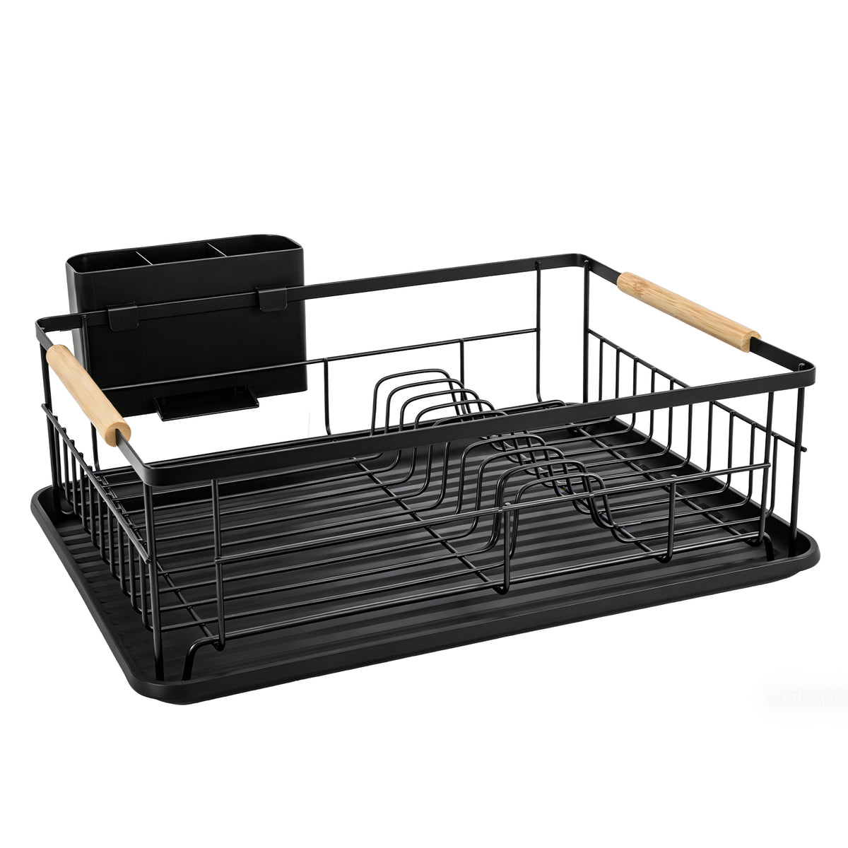 Sekey Abtropfgestell Geschirr mit Holzgriff – Platzsparender Spülen-Organizer mit Besteckablage, Schwarz & Rostfrei, Kompakter Geschirrständer für Küche