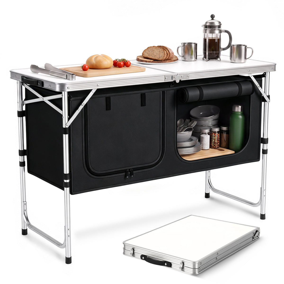 Sekey Campingtisch faltbar 120 cm, höhenverstellbarer Campingtisch mit 2 Staufächern, Outdoor Campingküche mit Aluminiumgestell, 54–70 cm, inkl. Tragetasche